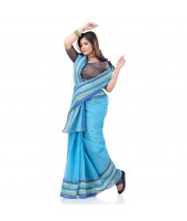 dB DESH BIDESH Women`s Bengali Tant Khejur Chori Pure Handloom Cotton Saree Without Blouse Piece (Blue)