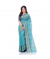 dB DESH BIDESH Women`s Bengali Tant Khejur Chori Pure Handloom Cotton Saree Without Blouse Piece (Light Green Blue)