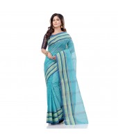 dB DESH BIDESH Women`s Bengali Tant Khejur Chori Pure Handloom Cotton Saree Without Blouse Piece (Light Green Blue)