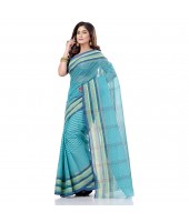 dB DESH BIDESH Women`s Bengali Tant Khejur Chori Pure Handloom Cotton Saree Without Blouse Piece (Light Green Blue)