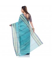 dB DESH BIDESH Women`s Bengali Tant Khejur Chori Pure Handloom Cotton Saree Without Blouse Piece (Light Green Blue)