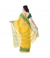 dB DESH BIDESH Women's Malmal Cotton Bengal Handloom Tant Saree Zari Design with Blouse Piece (Yellow Green Red)