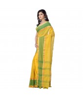 dB DESH BIDESH Women's Malmal Cotton Bengal Handloom Tant Saree Zari Design with Blouse Piece (Yellow Green Red)