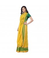 dB DESH BIDESH Women's Malmal Cotton Bengal Handloom Tant Saree Zari Design with Blouse Piece (Yellow Green Red)