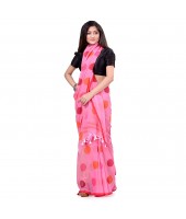 dB DESH BIDESH Women`s Moon Folka Design Malmal Bengal Handloom Pure Cotton Saree Without Blouse Piece Tussar Pink Red