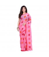 dB DESH BIDESH Women`s Moon Folka Design Malmal Bengal Handloom Pure Cotton Saree Without Blouse Piece Tussar Pink Red