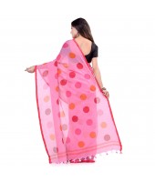 dB DESH BIDESH Women`s Moon Folka Design Malmal Bengal Handloom Pure Cotton Saree Without Blouse Piece Tussar Pink Red