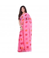 dB DESH BIDESH Women`s Moon Folka Design Malmal Bengal Handloom Pure Cotton Saree Without Blouse Piece Tussar Pink Red