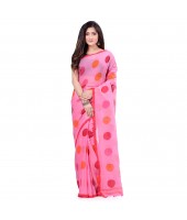 dB DESH BIDESH Women`s Moon Folka Design Malmal Bengal Handloom Pure Cotton Saree Without Blouse Piece Tussar Pink Red