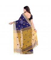 dB DESH BIDESH Women`s Pure Cotton Traditional Bengali Tant Handloom Cotton Saree Round Desigined With Blouse Piece (Deep Blue Yellow)