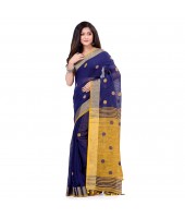 dB DESH BIDESH Women`s Pure Cotton Traditional Bengali Tant Handloom Cotton Saree Round Desigined With Blouse Piece (Deep Blue Yellow)