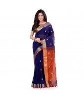 dB DESH BIDESH Women`s Pure Cotton Traditional Bengali Tant Handloom Cotton Saree Round Desigined With Blouse Piece (Deep Blue Orange)