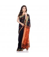 dB DESH BIDESH Women`s Pure Cotton Traditional Bengali Tant Handloom Cotton Saree Round Desigined With Blouse Piece (Black orange)