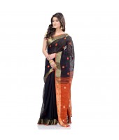 dB DESH BIDESH Women`s Pure Cotton Traditional Bengali Tant Handloom Cotton Saree Round Desigined With Blouse Piece (Black orange)