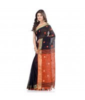 dB DESH BIDESH Women`s Pure Cotton Traditional Bengali Tant Handloom Cotton Saree Round Desigined With Blouse Piece (Black orange)