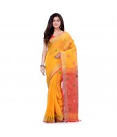 dB DESH BIDESH Women`s Pure Cotton Traditional Bengali Tant Handloom Cotton Saree Round Desigined With Blouse Piece (Yellow Pink)