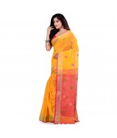 dB DESH BIDESH Women`s Pure Cotton Traditional Bengali Tant Handloom Cotton Saree Round Desigined With Blouse Piece (Yellow Pink)