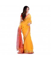 dB DESH BIDESH Women`s Pure Cotton Traditional Bengali Tant Handloom Cotton Saree Round Desigined With Blouse Piece (Yellow Pink)