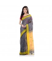 dB DESH BIDESH Women`s Pure Cotton Traditional Bengali Tant Handloom Cotton Saree Round Desigined With Blouse Piece (Grey Yellow)