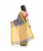 dB DESH BIDESH Women`s Pure Cotton Traditional Bengali Tant Handloom Cotton Saree Round Desigined With Blouse Piece (Grey Yellow)