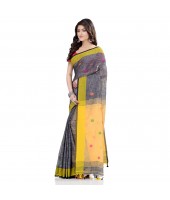 dB DESH BIDESH Women`s Pure Cotton Traditional Bengali Tant Handloom Cotton Saree Round Desigined With Blouse Piece (Grey Yellow)