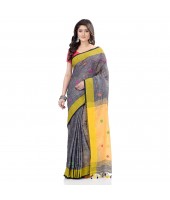 dB DESH BIDESH Women`s Pure Cotton Traditional Bengali Tant Handloom Cotton Saree Round Desigined With Blouse Piece (Grey Yellow)