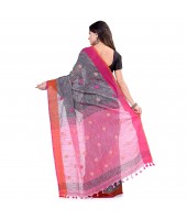 dB DESH BIDESH Women`s Pure Cotton Traditional Bengali Tant Handloom Cotton Saree Round Desigined With Blouse Piece (Grey Pink)