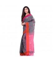 dB DESH BIDESH Women`s Pure Cotton Traditional Bengali Tant Handloom Cotton Saree Round Desigined With Blouse Piece (Grey Pink)