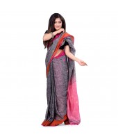 dB DESH BIDESH Women`s Pure Cotton Traditional Bengali Tant Handloom Cotton Saree Round Desigined With Blouse Piece (Grey Pink)