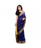 dB DESH BIDESH Women`s Pure Cotton Traditional Bengali Tant Handloom Cotton Saree Round Desigined With Blouse Piece (Deep Blue Yellow)