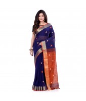 dB DESH BIDESH Women`s Pure Cotton Traditional Bengali Tant Handloom Cotton Saree Round Desigined With Blouse Piece (Deep Blue Orange)