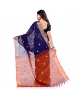 dB DESH BIDESH Women`s Pure Cotton Traditional Bengali Tant Handloom Cotton Saree Round Desigined With Blouse Piece (Deep Blue Orange)