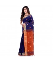 dB DESH BIDESH Women`s Pure Cotton Traditional Bengali Tant Handloom Cotton Saree Round Desigined With Blouse Piece (Deep Blue Orange)