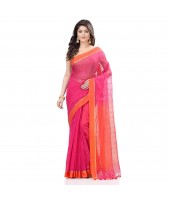 dB DESH BIDESH Women`s Tant Silk Handloom Cotton Saree Sequence Work With Blouse Piece Pink Orange