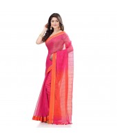 dB DESH BIDESH Women`s Tant Silk Handloom Cotton Saree Sequence Work With Blouse Piece Pink Orange