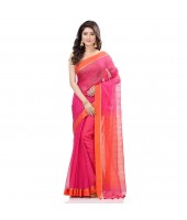 dB DESH BIDESH Women`s Tant Silk Handloom Cotton Saree Sequence Work With Blouse Piece Pink Orange