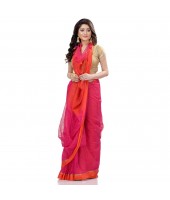 dB DESH BIDESH Women`s Tant Silk Handloom Cotton Saree Sequence Work With Blouse Piece Pink Orange