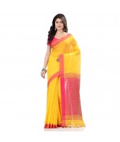 dB DESH BIDESH Women`s Tant Silk Handloom Cotton Saree Sequence Work With Blouse Piece (Yellow Pink)