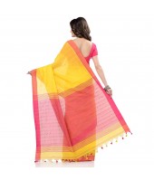 dB DESH BIDESH Women`s Tant Silk Handloom Cotton Saree Sequence Work With Blouse Piece (Yellow Pink)