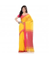 dB DESH BIDESH Women`s Tant Silk Handloom Cotton Saree Sequence Work With Blouse Piece (Yellow Pink)