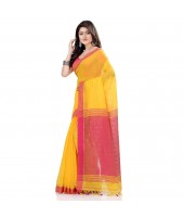 dB DESH BIDESH Women`s Tant Silk Handloom Cotton Saree Sequence Work With Blouse Piece (Yellow Pink)