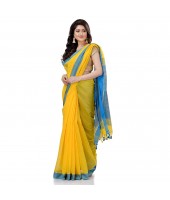 dB DESH BIDESH Women`s Tant Silk Handloom Cotton Saree Sequence Work With Blouse Piece Yellow Blue