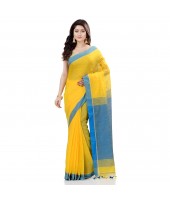 dB DESH BIDESH Women`s Tant Silk Handloom Cotton Saree Sequence Work With Blouse Piece Yellow Blue