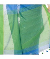 dB DESH BIDESH Women`s Tant Silk Handloom Cotton Saree Sequence Work With Blouse Piece (Sky Blue Light Green)