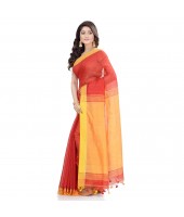 dB DESH BIDESH Women`s Tant Silk Handloom Cotton Saree Sequence Work With Blouse Piece (Red Yellow)