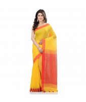 dB DESH BIDESH Women`s Tant Silk Handloom Cotton Saree Sequence Work With Blouse Piece (Yellow Red)