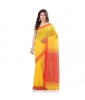 dB DESH BIDESH Women`s Tant Silk Handloom Cotton Saree Sequence Work With Blouse Piece (Yellow Red)