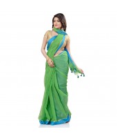 dB DESH BIDESH Women`s Tant Silk Handloom Cotton Saree Sequence Work With Blouse Piece (Green Blue)