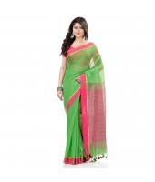 dB DESH BIDESH Women`s Tant Silk Handloom Cotton Saree Sequence Work With Blouse Piece Green Pink