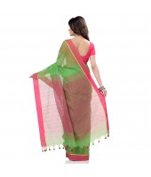 dB DESH BIDESH Women`s Tant Silk Handloom Cotton Saree Sequence Work With Blouse Piece Green Pink